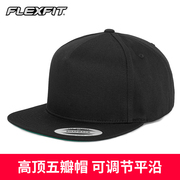 flexfit高顶五片平沿帽夏男士棒球帽可调节嘻哈，街头黑色帽子潮