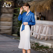AD气质宝蓝色衬衫女高级设计感系带圆领长袖上衣ol通勤衬衣职业装