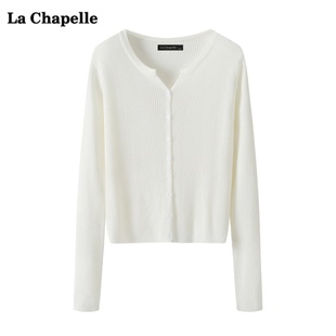 拉夏贝尔/La Chapelle白色V领针织衫开衫女秋季修身长袖打底上衣