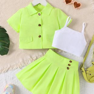 外贸婴幼儿童夏季衣服女童，荧光绿色吊带，背心+翻领上衣短裙3件套装