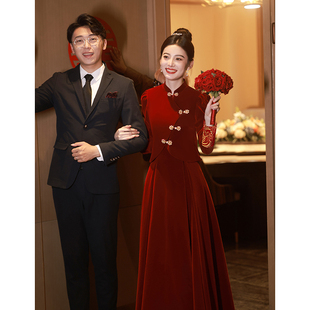 新中式敬酒服新娘刺绣丝绒秀禾服冬季结婚旗袍套装红色订婚礼服裙