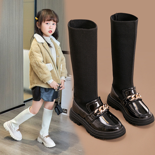 韩版女童保暖长筒马丁靴，女宝宝针织长靴子，小女孩高筒过膝棉袜靴