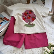 韩国童装女童套装2024夏季亲子家洋气卡通印花宽松短袖t恤玫红色