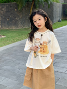 女童卡通短袖印花亲子家t恤2024春童装儿童蝙蝠，袖t中小童半袖