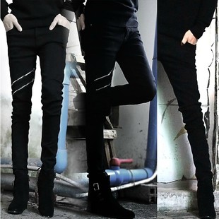 2022春季韩版潮男黑色拉链修身个性牛仔裤弹力铅笔小脚长裤子
