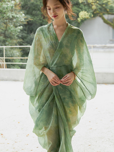新中式立体裁剪苎麻，夏季裙扎染效果绿色印花裙子，内搭吊带