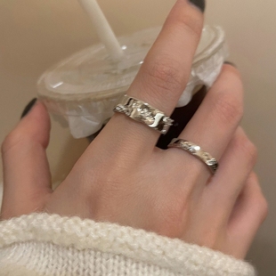 银色素圈锆石开口戒指，套装女冷淡风情侣，指环时尚个性ins风可调节