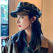 八角帽女秋冬英伦复古pu皮黑色海军帽时尚百搭显脸小网红贝雷帽潮