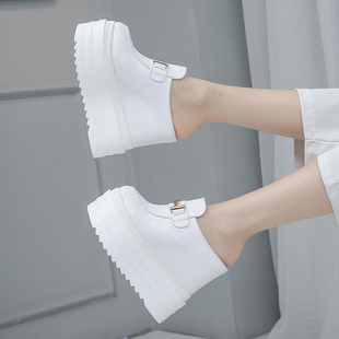 13CM春秋坡跟半拖鞋女韩版内增高包头厚底拖鞋休闲白色单鞋子