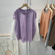 秋季韩版设计感洋气时髦个性，拼接淡紫色简约衬衫，长袖t恤女上衣棉