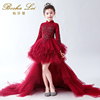 儿童中式礼服中国风花童，婚纱长袖红色，蓬蓬纱女童主持人走秀晚礼服