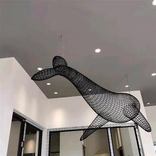 定制大型不锈钢镂空海洋动物鲸鱼，雕塑酒店悬挂海豚铁艺装饰摆件