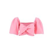 MSGM 海外购女款粉色灯笼短袖鸡心式叠褶领口短款上衣
