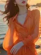 橘色雪纺衬衫连衣裙春装女2024女高端精致法式绝美裙海边仙气