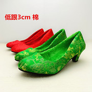 冬季女低跟加绒保暖绸缎绿色婚鞋新娘鞋红色结婚鞋婚庆鞋绿鞋