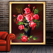 纯手工十字绣成品，粉红玫瑰花瓶一见倾心油画客厅，卧室餐厅画