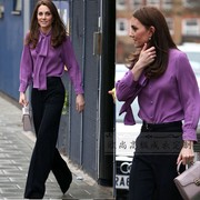 高端私人定制凯特王妃同款紫红色真丝衬衫女黑色裤子时尚通勤套装