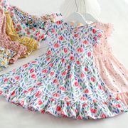 女童棉绸连衣裙夏装花边飞袖蛋糕，裙子碎花短袖，超大裙摆公主沙滩裙