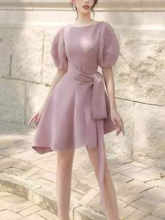 越南小众粉紫色连衣裙名媛，减龄法式复古收腰泡泡，袖甜美短袖基本款