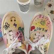 小黄桃鞋子女，2021年圆头系带小白鞋，ins手绘涂鸦帆布鞋夏季