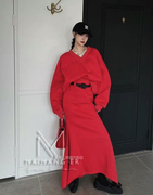 韩国女装2023冬款加绒宽大闪钻蝙蝠袖V领卫衣+鱼尾半身裙套装