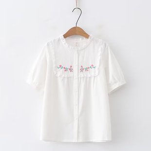 夏季日系森女花朵刺绣短袖衬衫女甜美白色衬衣绣花布宽松上衣