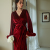 羽毛晨袍女新娘伴娘金丝绒中长款睡袍秋冬婚礼新婚红色睡衣两件套