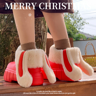 可爱圣诞限定pu防水棉鞋女冬季保暖可拆卸加绒包跟防滑外穿雪地靴