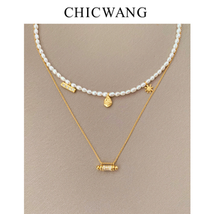 CHICWANG轻奢小众天然淡水珍珠银镀18K金项链高级锁骨链项链套装