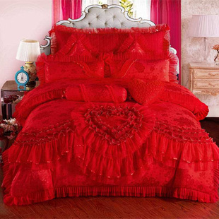 新全棉新婚庆四件套大红刺绣纯棉蕾丝公主风六八十套件结婚床上用