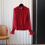 半高领红色打底衫洋气亮片内搭欧根纱仙气上衣百搭纯色女cxx52a01