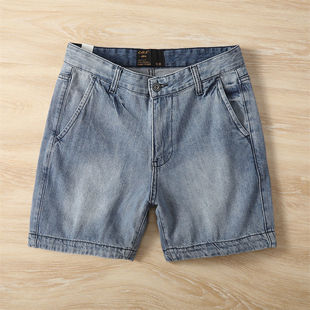 夏季薄款牛仔短裤男士美式复古怀旧水洗工装，潮牌修身三分裤四分裤