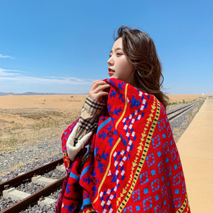 民族风开叉披肩女秋冬季尼泊尔西藏旅游保暖围巾斗篷连帽加厚披风