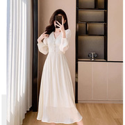 白色连衣裙女2024春装长袖，收腰显瘦温柔风领中长裙