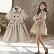 女童夏季时装短袖连衣裙中大儿童，韩版女孩时尚，洋气双排扣欧美裙子