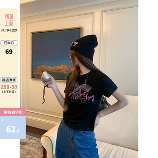 CCKOK 蕾丝蝴蝶结烫钻短袖2024春夏韩版小众设计休闲T恤女潮