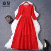 红色蕾丝连衣裙时尚高腰v领中袖，修身显瘦礼服，a字长裙大码胖mm春夏