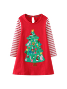 女童装圣诞款连衣裙秋装欧美风，刺绣圣诞树贴布圆领针织红色直筒裙