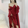 高级感红色长款丝绸睡袍，法式结婚新娘，晨袍性感蕾丝吊带睡衣两件套