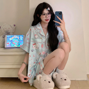 HelloKitty冰丝睡衣女夏季短袖2025新款可爱凯蒂猫丝绸家居服夏天