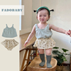 24夏款韩版婴儿衣服0-3岁女小清新吊带格子上衣，+印花裙裤2件套装