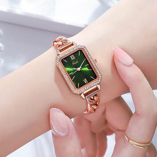 水钻手链小绿表女士手表，小众手表女气质，钢带方形石英腕表