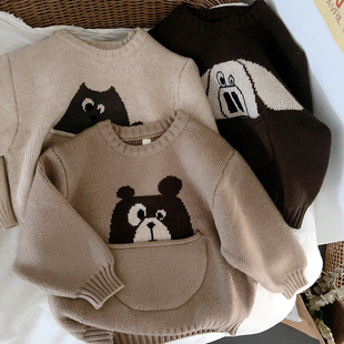 超萌~韩国儿童毛衣，秋冬男女洋气卡通套头，针织衫宽松口袋宝贝毛衣
