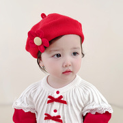 新年红色婴儿帽子女宝宝时尚蝴蝶结花朵毛线南瓜帽儿童时尚贝雷帽