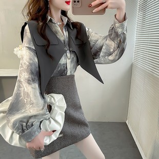 黑色马甲配墨染雪纺套装2025春款女装灯笼袖衬衫气质条纹衬衣新款