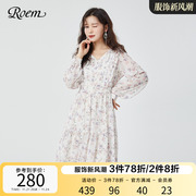 Roem商场同款韩式碎花雪纺甜美可爱长袖V领中长气质连衣裙