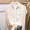 2023韩国气质显瘦立领系带荷叶，边钉珠纯色长袖雪纺衫女秋季