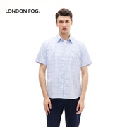 伦敦雾夏季商务休闲宽松短袖，衬衫高端百搭全棉蓝底格子衬衣男