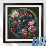 玫瑰花环中的黑猫 十字绣套件 客厅卧室 精准印花 花卉动物