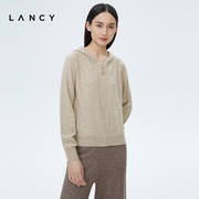 LANCY/朗姿牦牛绒动物印花针织开衫2022秋季长袖显瘦带兜毛衣